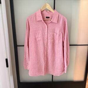 Talbots Blouse Plus Size Women’s 1X 100% Linen Woven Long Sleeve Spring Pink Top